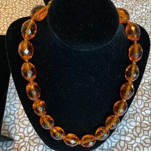 Honey Amber Swarovski Crystal Bead Necklace -14K Clasp - Vintage